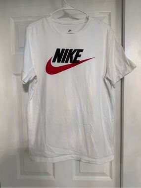 Nike White Short Sleeve Tee with Red Swoosh and Black Bold Logo